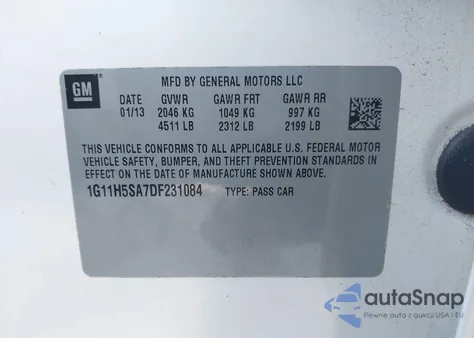 2013 Chevrolet Malibu 1Lz из США, поврежденный, VIN 1G11H5SA7DF231084